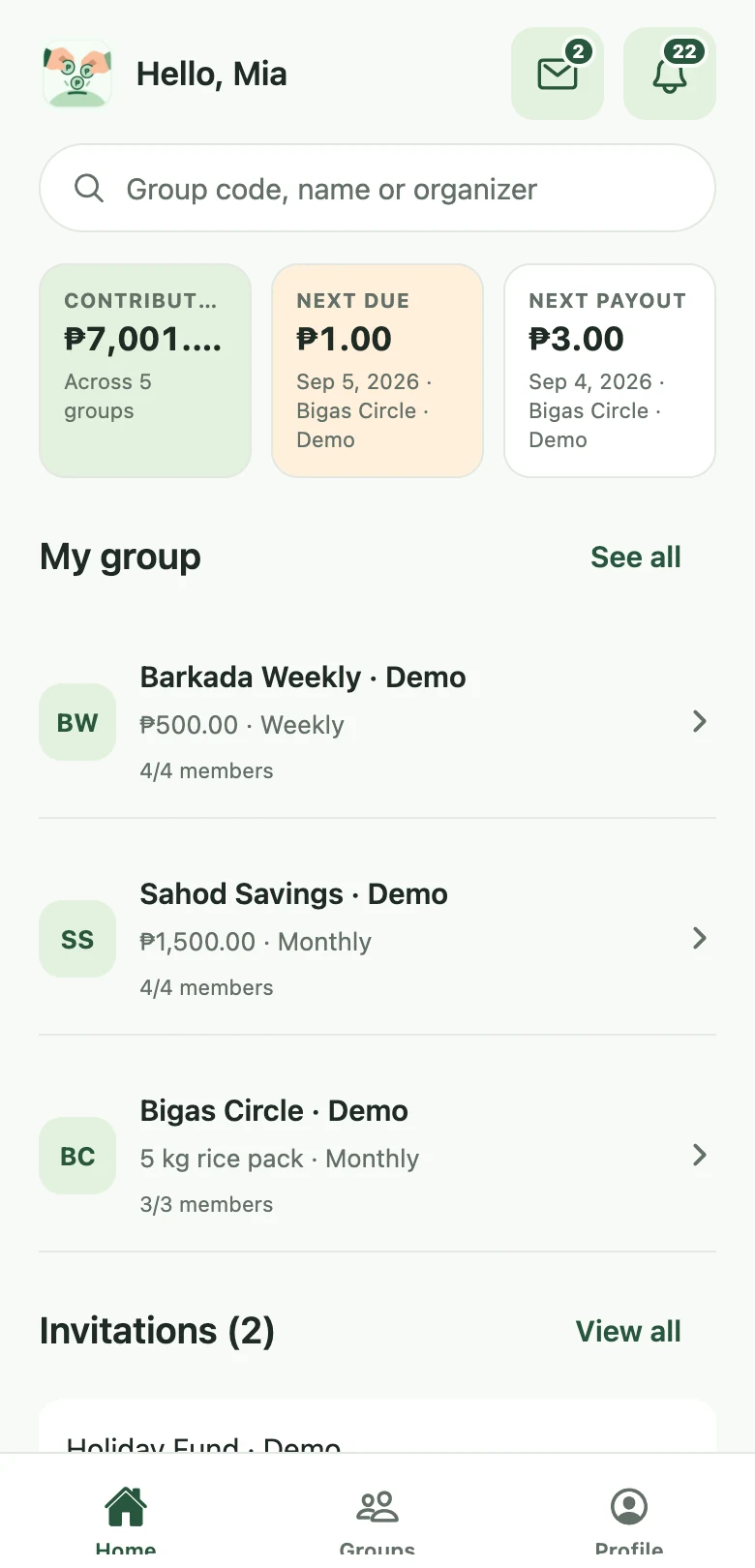 SamaSave Home showing joined savings groups, contributions, and invitations for a sample member.