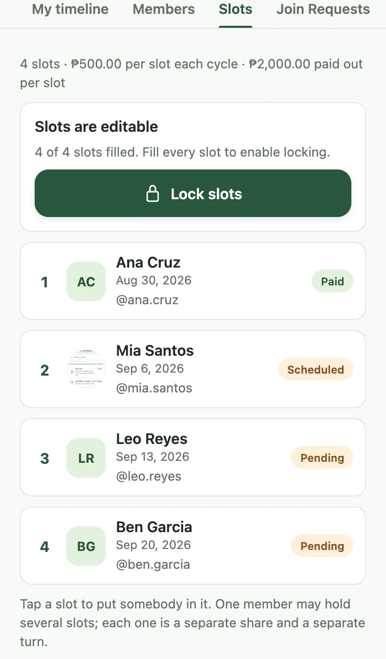 SamaSave organizer view with a group's payout slots and member assignments.