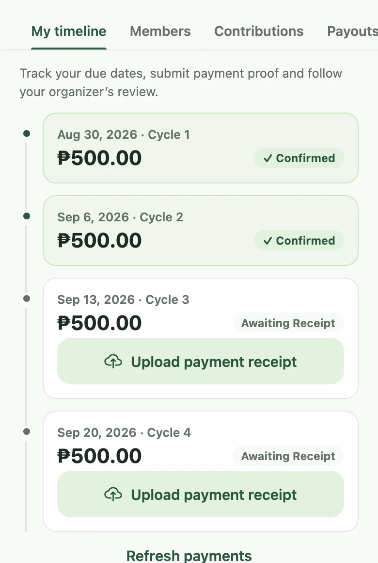 SamaSave contribution timeline showing confirmed payments and upcoming due dates.